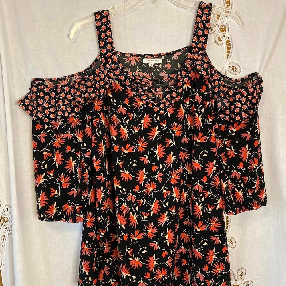 2/15 Women's off-shoulder ruffle neckline red and black floral top